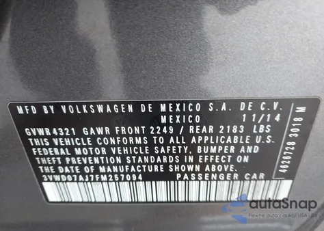 2015 Volkswagen Jetta 1.8T Se from USA, damaged, VIN 3VWD07AJ7FM257094